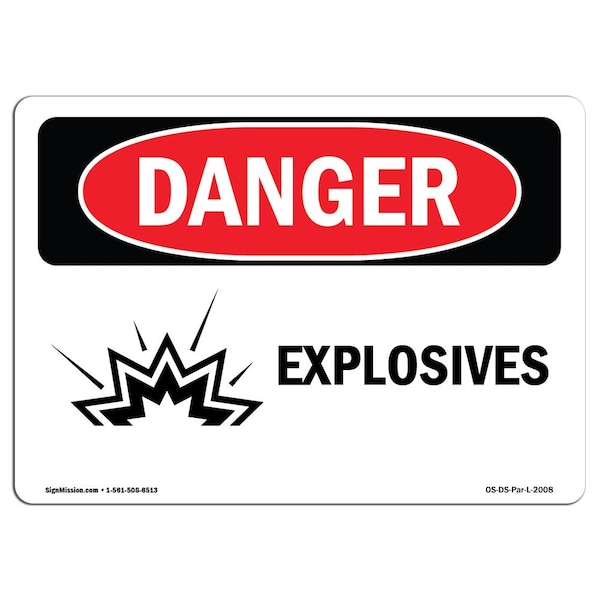 Safety Sign, OSHA Danger, 3.5" Height, 5" Width, Explosives, Landscape, 10PK
